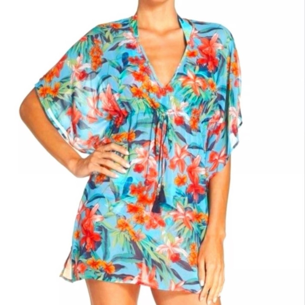 Tommy Bahama Tropical Paradise V-Neck Swim Coverup in Turquoise and Coral